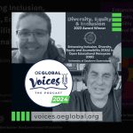 Composite image of woman in glasses top left podcast guest, and man in bottom right, podcast host, Logo for OEGlobal Voices. On right is icon for the award given to Enhancing Inclusion, Diversity, Equity and Accessibility (IDEA) in Open Educational Resources (OER)