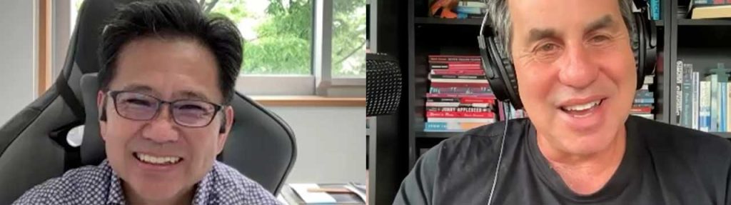 Side by side photos of Takaya Yamazota sitting in his office and Alan Levine in his home library.